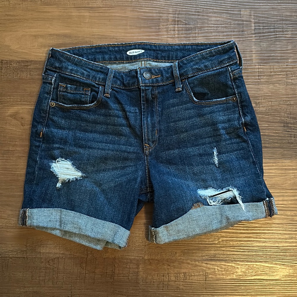 EUC Old Navy Denim Jean Shorts Size 0 Mid Rise 4 Inch Dark Wash Distressed